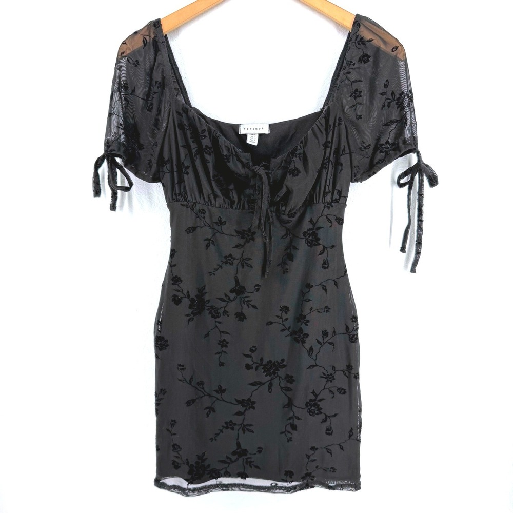 TOPSHOP Floral Burnout Mesh Sheer Puff Sleeve Dress 4 Bodycon Witchy Goth Bow